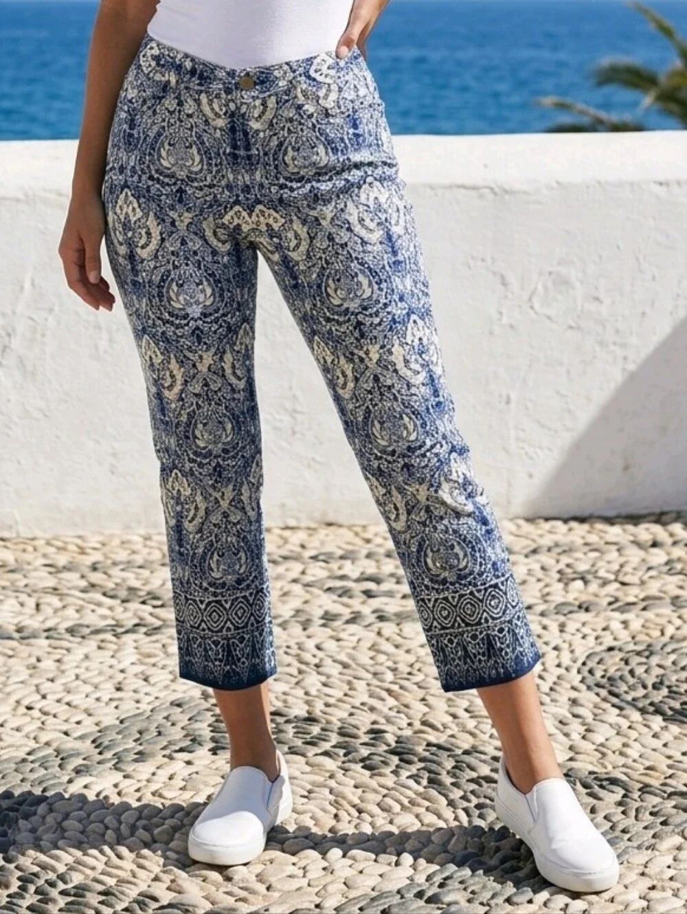 Lauren Ralph Lauren Damask Capri Pants Blue Print Petite Resort Crop 4P Coastal